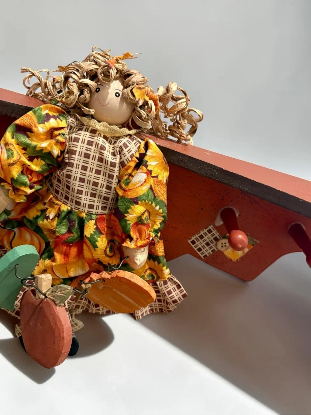 Vintage Handmade 20” Wall Shelf w/ Folk Art Primitive Rag Doll Autumn Harvest